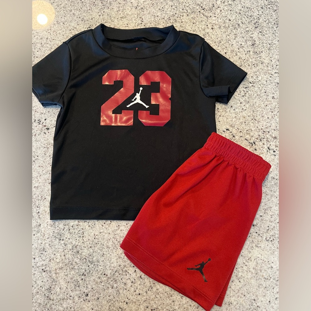 Nike Jordan Outfit Toddler Boy Black and Red Shirt & Shorts Set 24 Months